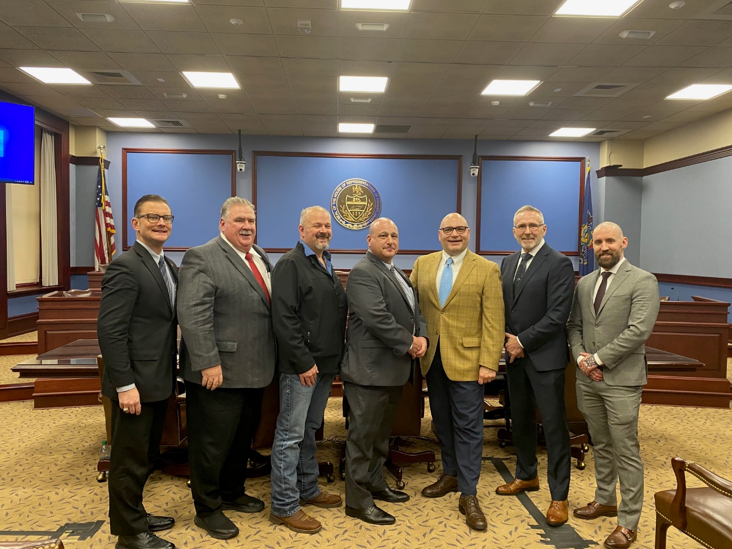 Mechanical Insulators LMCT | Pennsylvania H.B. 491 | From left to right: Micheal Oscar, Oscar Policy Group; Pete Ielmini Mechanical Insulators LMCT Executive Director; Ronnie Beverly, Local 23 Business Manager; Robert Celluci, Local 14 Business Manager; Rep. Robert F. Matzie (D-Ambridge), House Consumer Protection, Technology and Utilities Committee Co-Chair; James Cassidy, Local 2 Business Manager and Tip Wright, Local 38 Business Manager. Not pictured are William B. McGee, International Jurisdictional Director and former Local 23 Business Manager, and Steve Petit, Local 14 Business Manager.